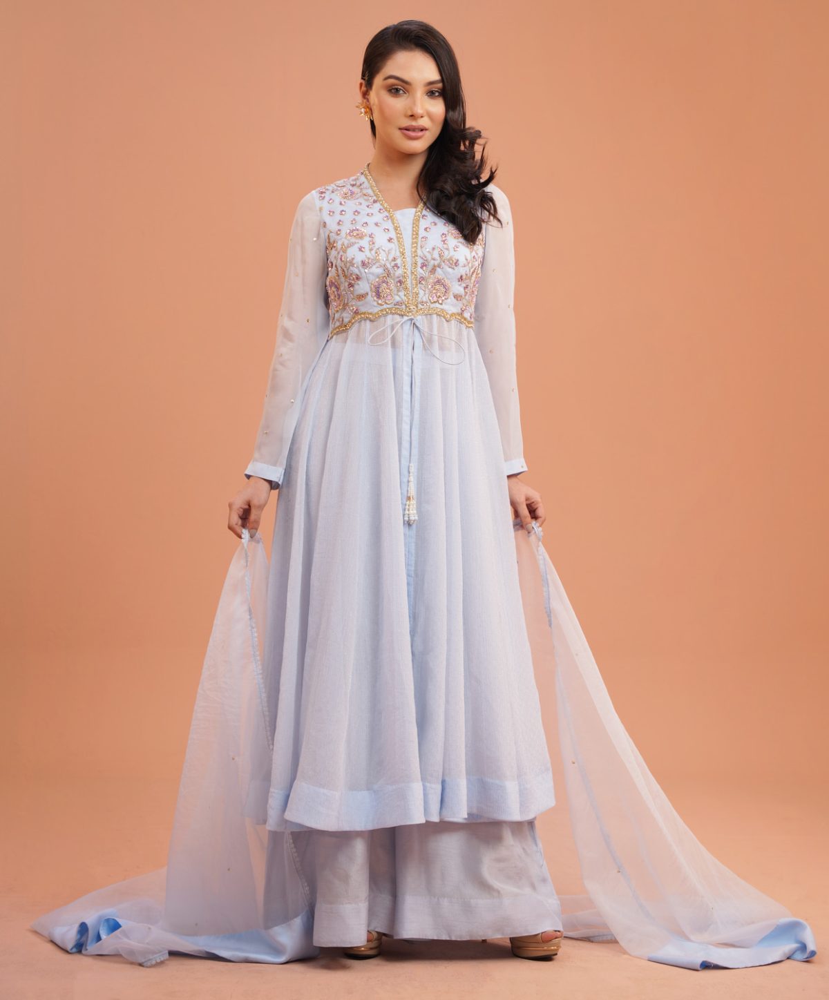 Anarkali- Organza,& China Sky light Pant-Dola Silk,Dupatta- Organza