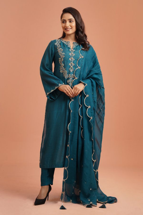 Kameez- Roe Silk, Pant-Dola Silk, and Dupatta- Organza