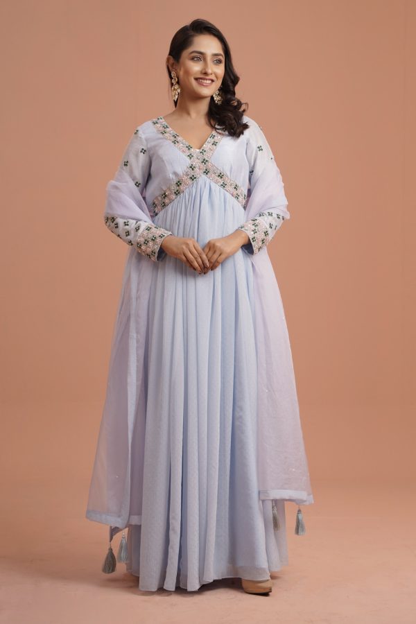 Anarkali-Dola Silk and Shimmer Georgette, Pant- Dola Silk Dupatta-Organza